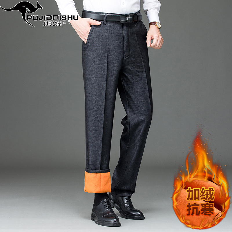 Perki canguro invierno forrado de lana engrosada pantalones de traje caliente de los hombres de mediana edad casual pantalones de traje formal pantalones de mediana edad y ancianos Pantalones
