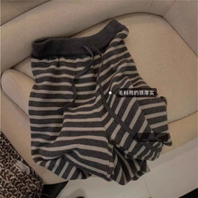 厚实暖暖条纹毛线阔腿裤女2025秋冬新款慵懒风针织休闲直筒裤子潮