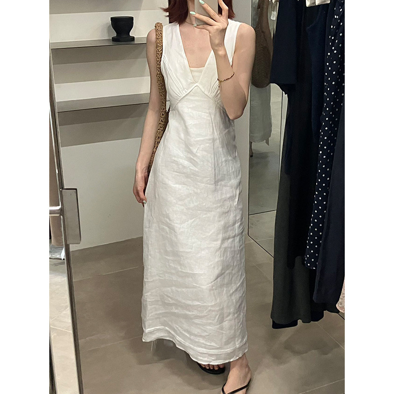 Fox Room Casual Simple V-Neck Sleeveless Dress 2026 New Style Elegant All-Linen Tank Dress Y386