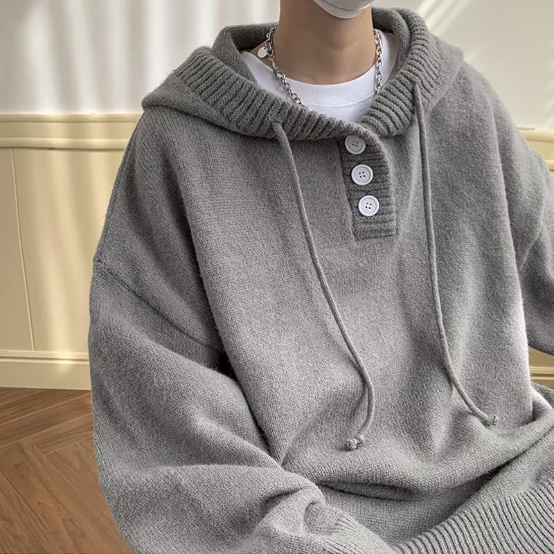 Hooded Knitted Sweater Men's Autumn and Winter Lazy Style Slimming Gray Simple Design Sense Casual All-match Sweater