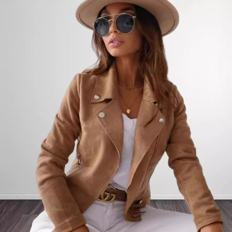 Amazon AliExpress Autumn Winter 2024 New Zipper Suede Short Lapel Solid Color Jacket Women