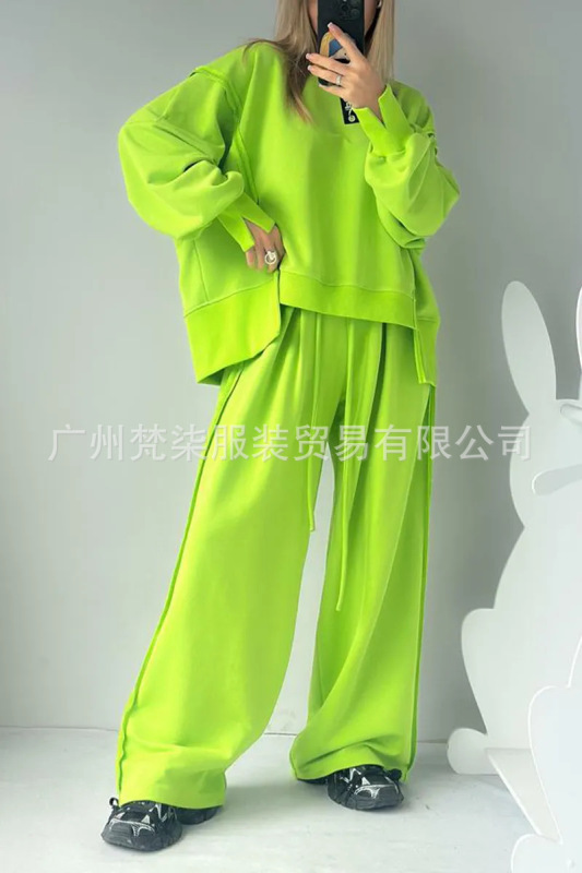 欧美跨境2025秋冬亚马逊新款圆领拼接卫衣抽绳运动长裤休闲套装女|undefined