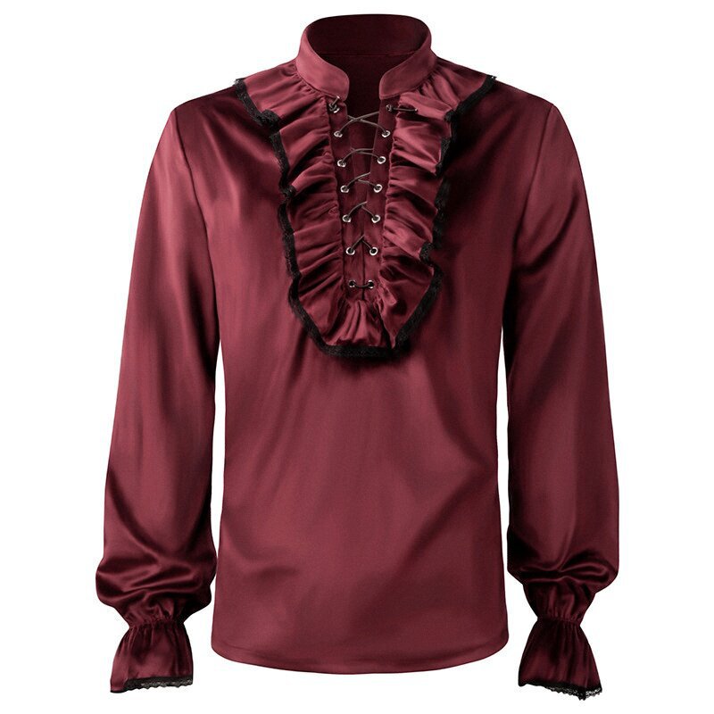 Medieval Renaissance Lace Ruched Suede Shirt Men's Steampunk Top Cosplay Stage Wear