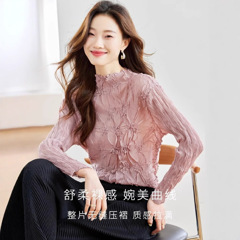 Miyake Pleated Handmade Top with Three-Dimensional Embossed Long Sleeves, Elegant and Stylish New Spring Base Shirt for Women, Export