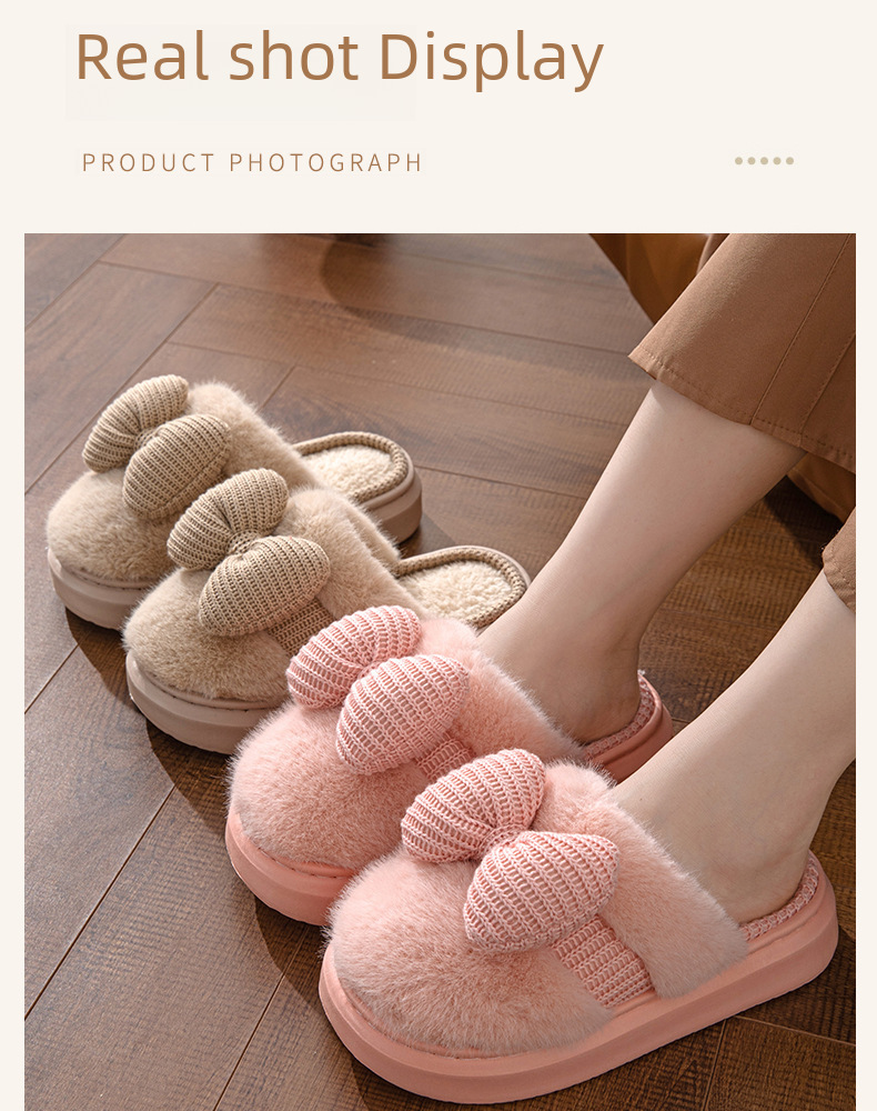 Nuove pantofole di cotone per la casa autunnali e invernali da donna con fiocco, per la casa, al coperto, spesse, in peluche, calde, antiscivolo, in cotone, all'ingrosso_voghion.com
