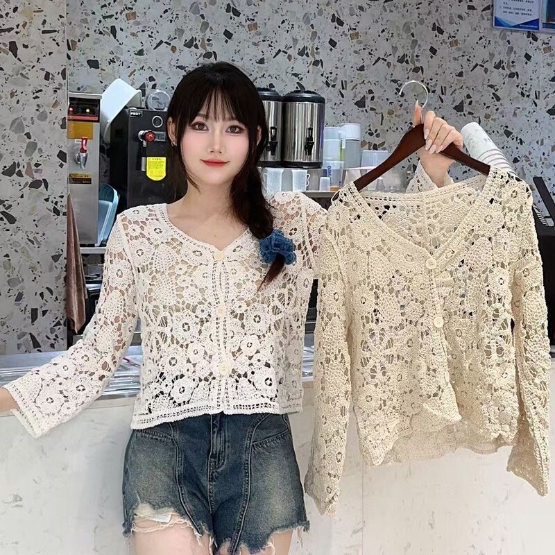 Spring and Summer French-Style Heavy Crochet Vintage Collar Lace Embroidery Hollow Design Short Long-Sleeve Knit Cardigan Top