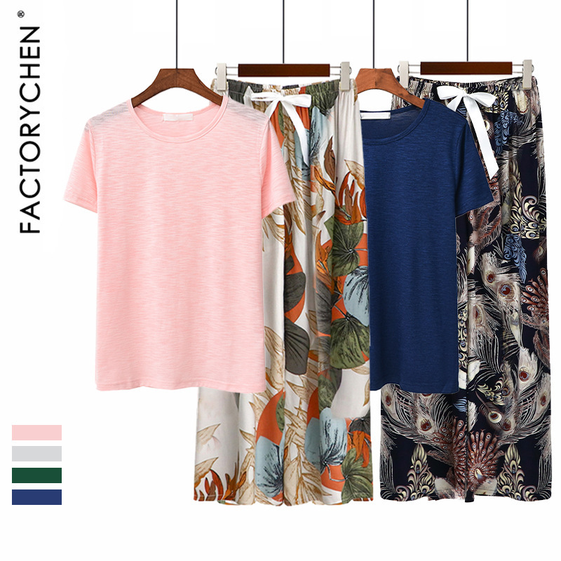 Cross-border Slub Cotton Short-sleeved Cotton Silk Pajama Pants Casual Summer Women's Thin Wide-leg Loose Pajamas Outwear