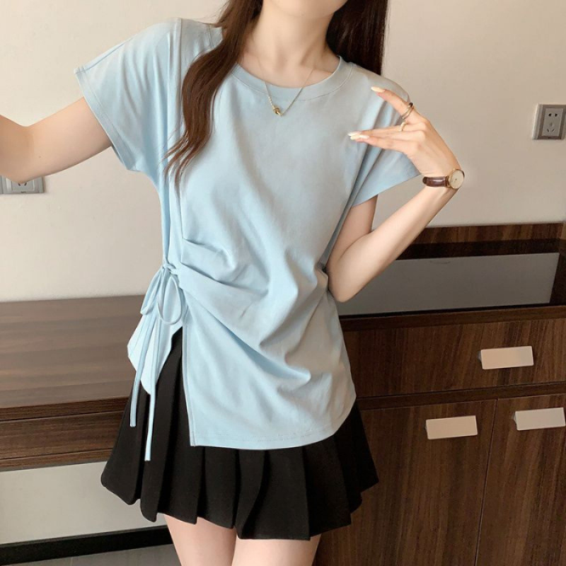 大きいサイズの右肩不規則ウエストプリーツ半袖Tシャツ女性用2025夏少し太ったmm痩身お腹カバートップ|undefined