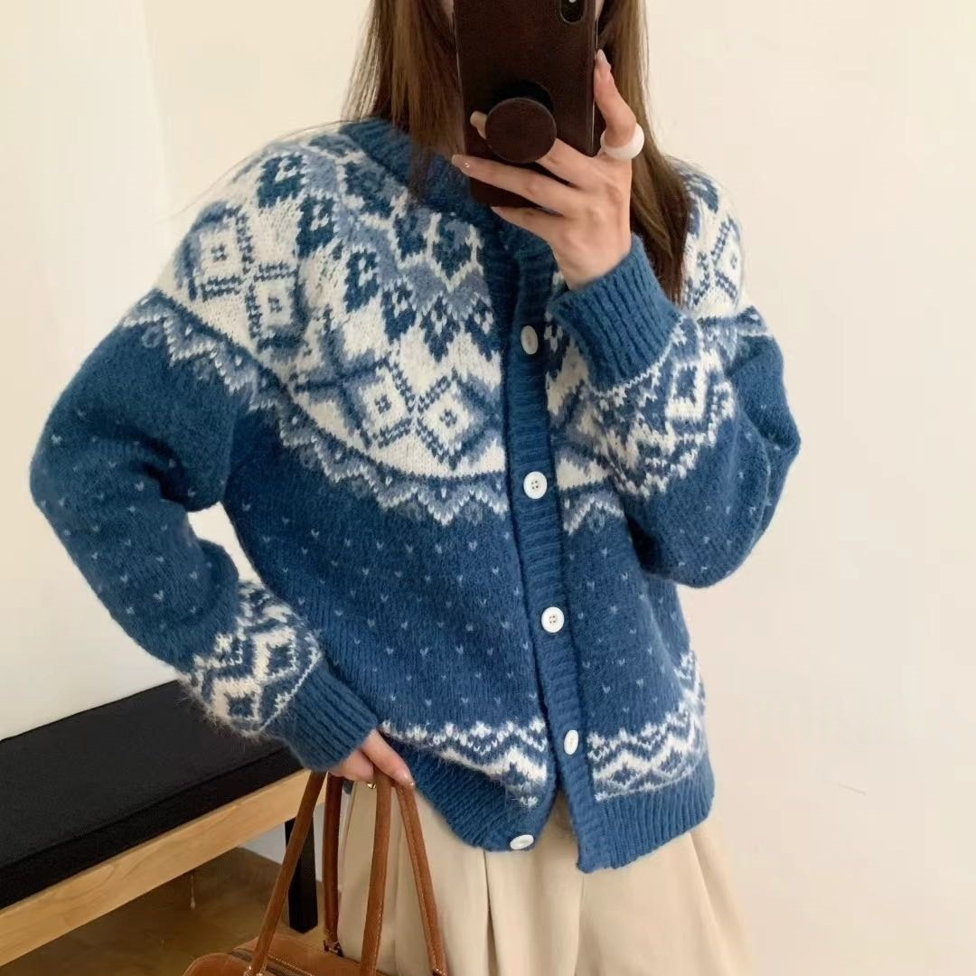 韩系费尔岛撞色提花毛衣外套女秋冬新款宽松百搭针织开衫上衣1254