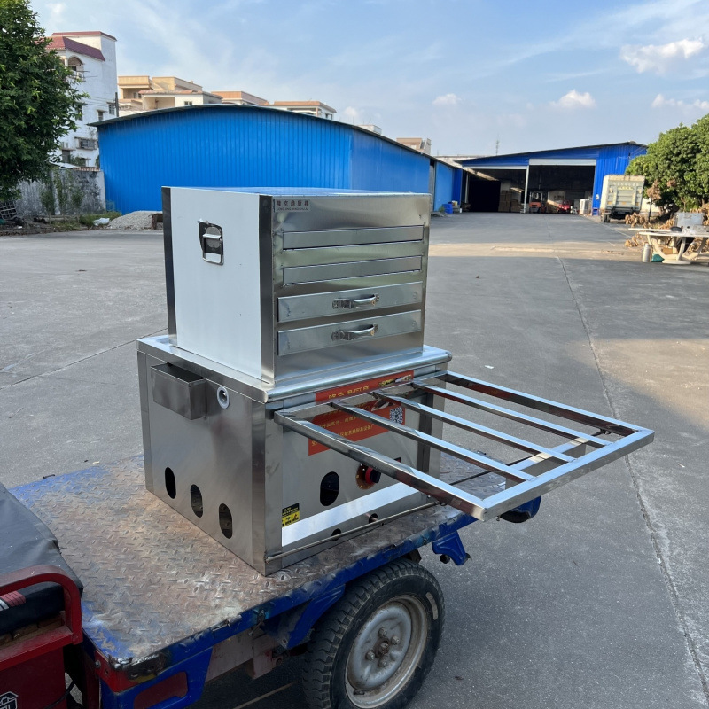 Longjingding modelo de coche de tres ruedas máquina de salchichas de gas vapor comercial multifuncional horno de salchichas de vapor de desayuno cabina completa