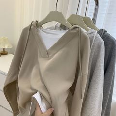 胖mm大码假两件抽绳v领连帽卫衣女春秋宽松韩版休闲薄款外套上衣