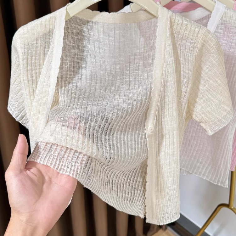 Ice Silk Lace V-Neck Knitwear Right Shoulder Short-Sleeved Cardigan New Shawl Sun Protection Blouse Top Women's Summer High-End Ice Silk Lace V-Neck Knitwear Right Shoulder Short-Sleeved Cardigan New Shawl Sun Protection Blouse Top Women's Summer High-End