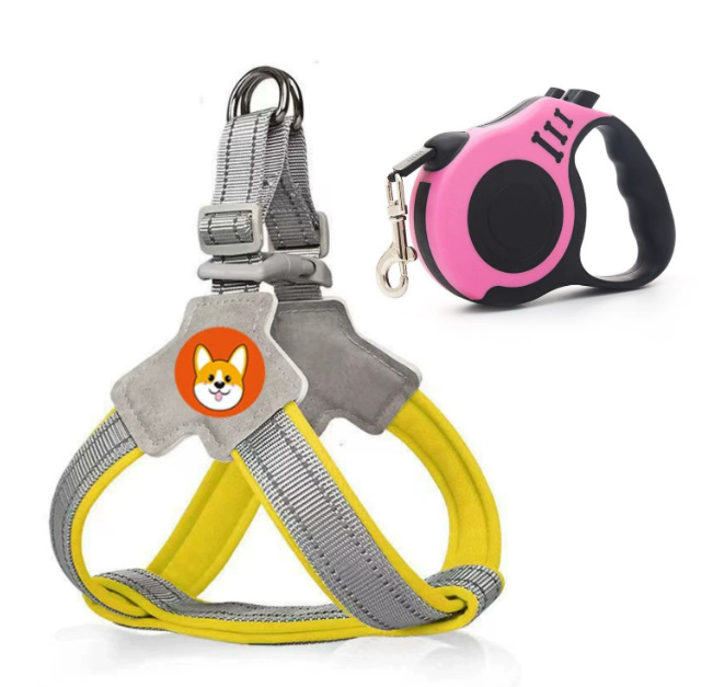 New comfortable yellow harness + 3m pink automatic retractable leash / S [recommended weight 3-6kg]