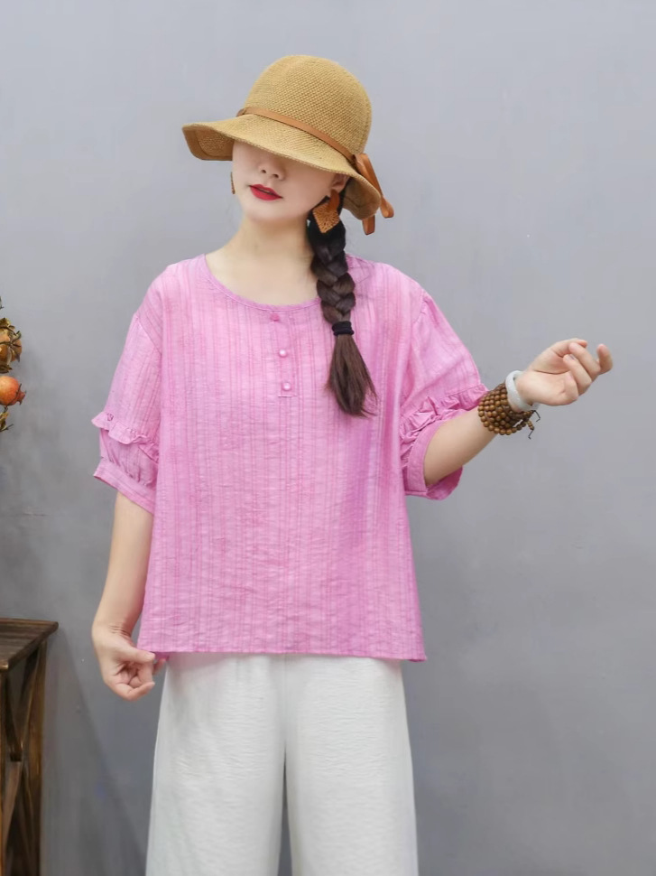 Transfronterizo 2025 primavera y verano nuevo estilo chino de ropa de mujer camiseta estampada mangas de linterna camiseta de mujer collar redondo literatura y arte image 4