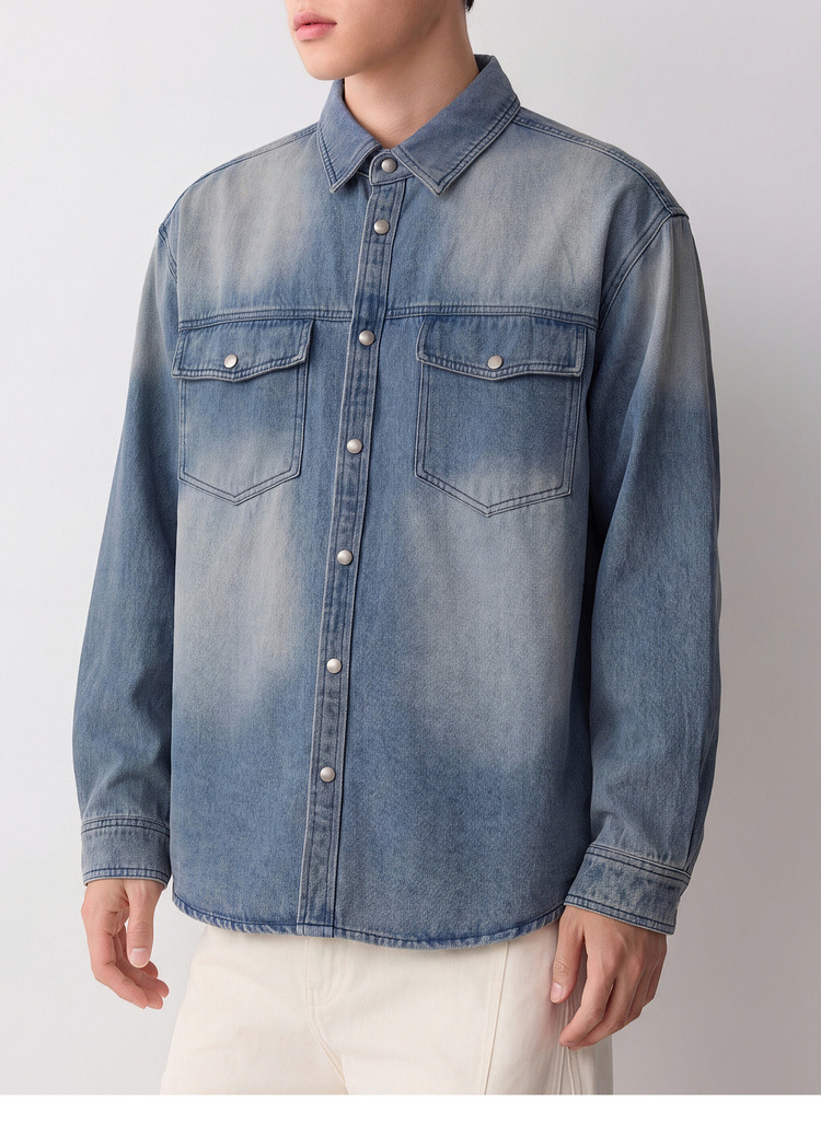 Áo sơ mi denim nam phong cách đường phố, hiệu ứng mài trắng làm cũ, hai túi ngực — Cao bồi xanh chi tiết 20