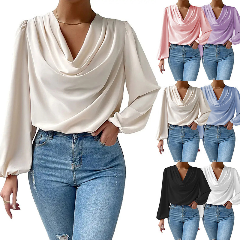 2026 Cross-Border Wish Amazon New European and American Style Chiffon Long-Sleeved Shirt Loose Draped V-Neck Top T-Shirt Women's Clothing 2026 Cross-Border Wish Amazon New European and American Style Chiffon Long-Sleeved Shirt Loose Draped V-Neck Top T-Shirt Women's Clothing