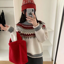 韩版加厚提花复古圆领套头毛衣女秋冬新款时尚宽松百搭针织衫上衣