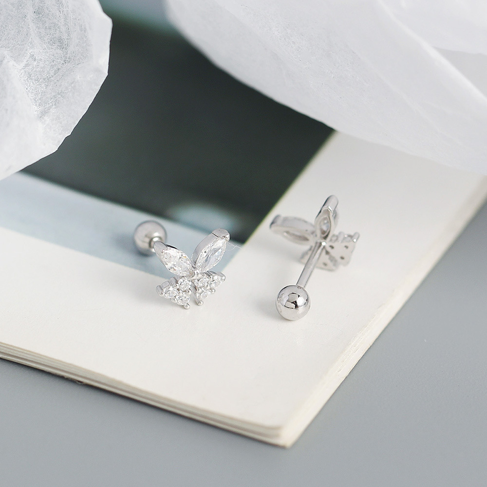 s925 silver butterfly diamond puncture screw ear bone stud