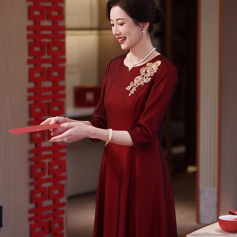 yhfs7941喜婆婆婚宴装酒红色礼服裙2025夏季洋气年轻妈妈装连衣裙|undefined