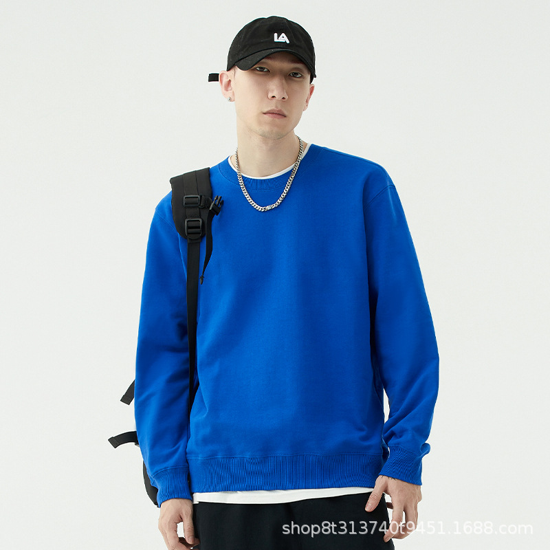 Chaqueta de manga larga con cuello redondo de rizo para otoño e invierno, de algodón puro, sin formación de bolitas, con hombros caídos, camisa publicitaria, ropa de trabajo, sudadera con impresión de logotipo personalizado.