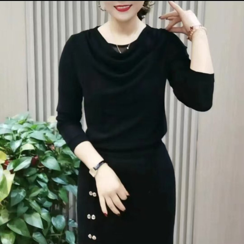 一件代发2025秋季新款堆堆领长袖t恤女弹力网纱打底衫妈妈装上衣|undefined
