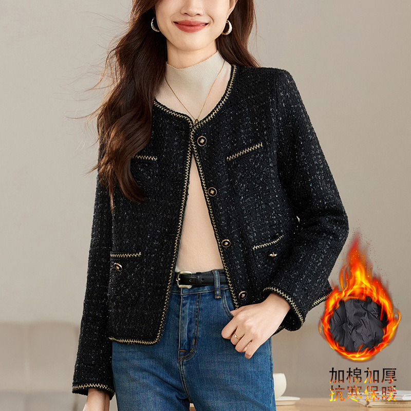 Tweed Style Quilted Thickeneded Short Outwear for Women 2024 Autumn and Winter New Style Tweed Small Elegant Black Top