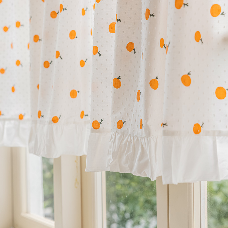 2F法式田園風橘子櫻桃印花棉布半簾美式門帘櫃簾廚房簾防塵穿杆短