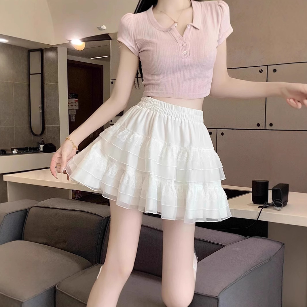 White Cake Skirt Short Skirt for Women Summer High Waist Ballet Princess Style Petite Lace Tutu Skirt