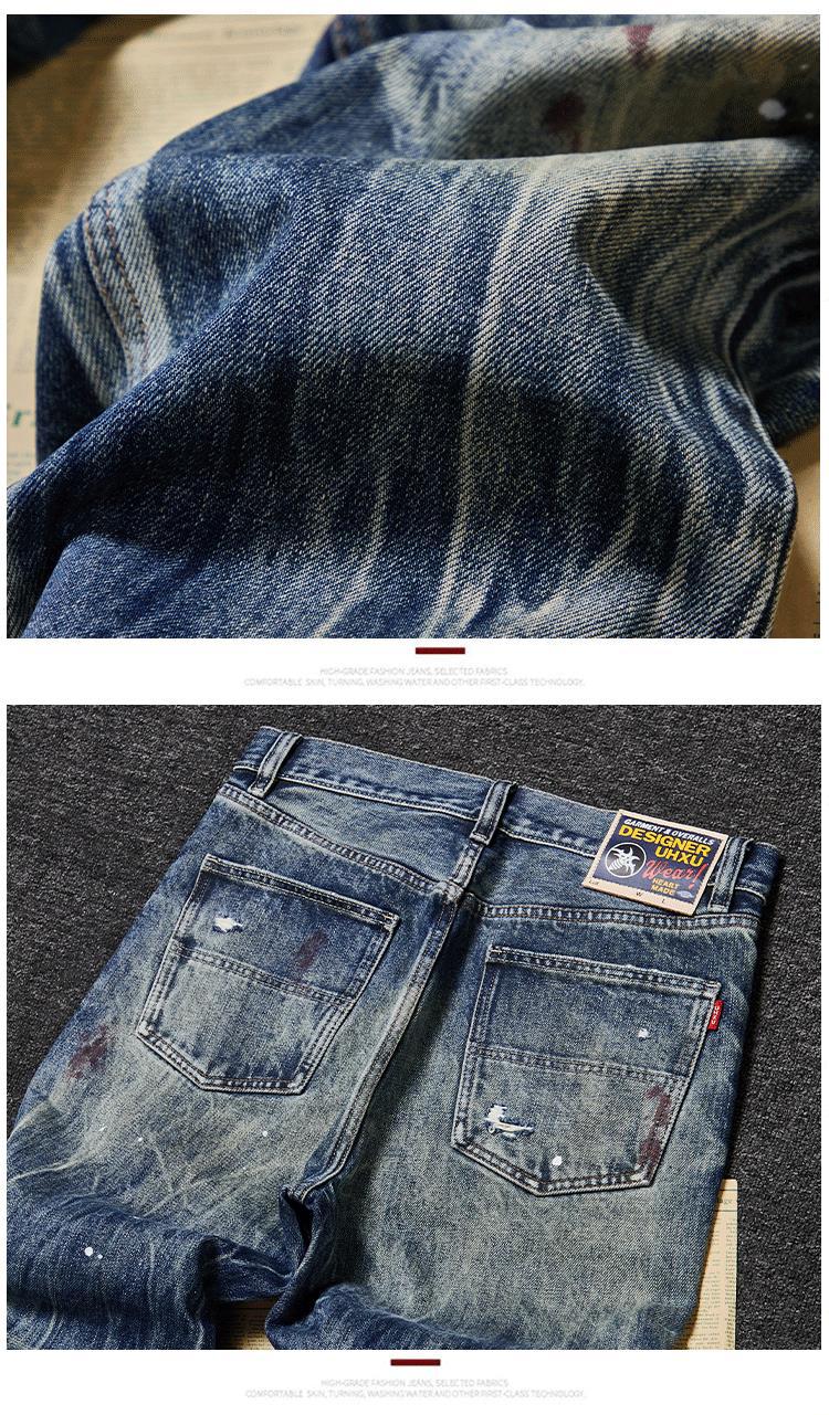 ​​Men's Premium Heavyweight Vintage Jeans – Streetwear Distressed Washed Denim Pants, Relaxed Straight-Leg Fit, Light Blue​​_mkmklike.com