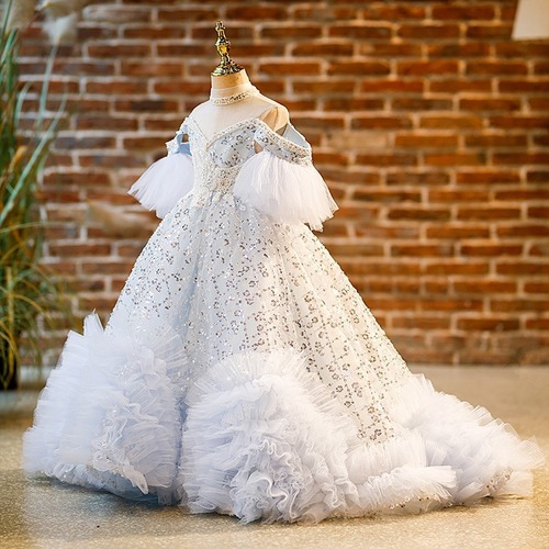 Bridegroom's wedding dress high-end show luxury heavy hand-made host piano performance dress train girl's dress princess skirt 