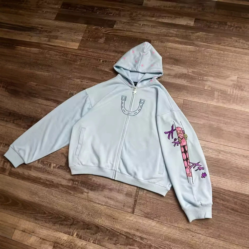 Cross-Border Popular Niche Subculture Style Cartoon Print Sweatshirt with Light Blue Star Brim, Loose Hooded Zip-Up Top Cross-Border Popular Niche Subculture Style Cartoon Print Sweatshirt with Light Blue Star Brim, Loose Hooded Zip-Up Top