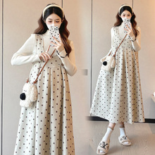 2025秋冬季新款韩风波点中长款毛呢孕妇大码连衣裙+打底毛衣