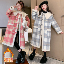 女童冬款外套2024女孩中大儿童加绒加厚洋气保暖格子毛呢大衣批发
