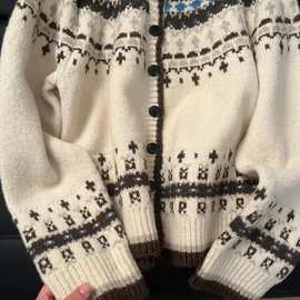 韩国冬季慵懒软糯连帽单排扣费尔岛提花设计毛衣开衫针织衫潮