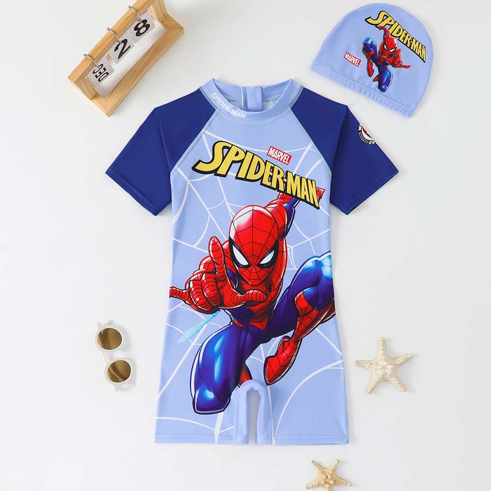 Swimsuit for Kidsren, Boys, One-Piece Spider-Man, Medium and Large Kidsren's Swimwear, Kidsren's Cute Cartoon Quick-Drying Swimming Cap