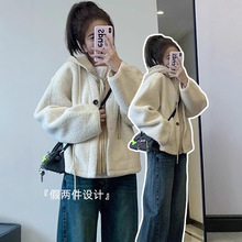 小个子假两件羊羔毛短外套女秋冬季新款小香风加厚摇粒绒棉服棉衣