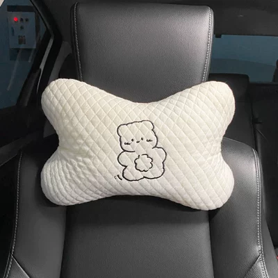 Car Headrest, Universal Neck Pillow for All Seasons, Car Seat Cushion, Popular Cute Pillow, Cushion Decoration, Pure White for Women (Headrest) - thickened-rhombus-embroidery-headrest-net-red-bear