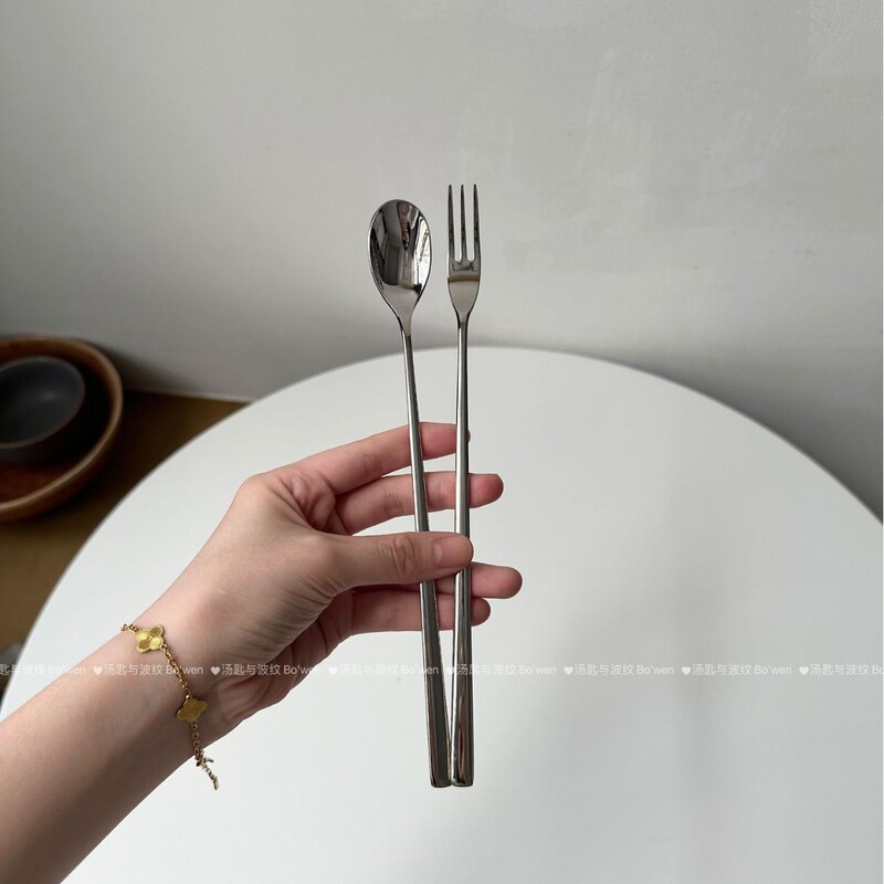 Spoon and Fork Made of High-Grade Food-Grade 304 Stainless Steel with a Long Handle for Stirring Cold Drinks and Fruit Preserves