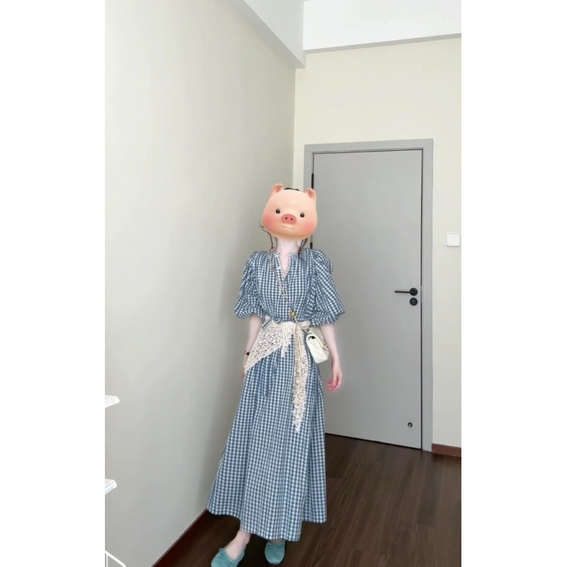EVNSTYLE「聖島ブルーウィンドウ」春新作ミドル丈9分袖ゆったりブルーチェック柄ワンピース女性用|undefined
