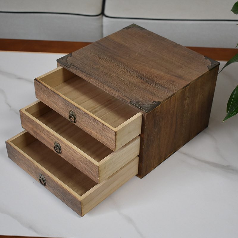 烧色木制多层茶饼盒茶叶包装木盒首饰收纳盒木质化妆品饰品储物盒