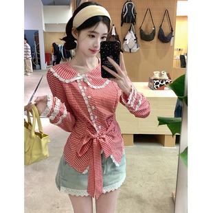 plus size Lace Doll Collar Shirt Women's 2025 Spring Irregular Plaid Shirt Long Sleeve Age-reducing Doll Shirt