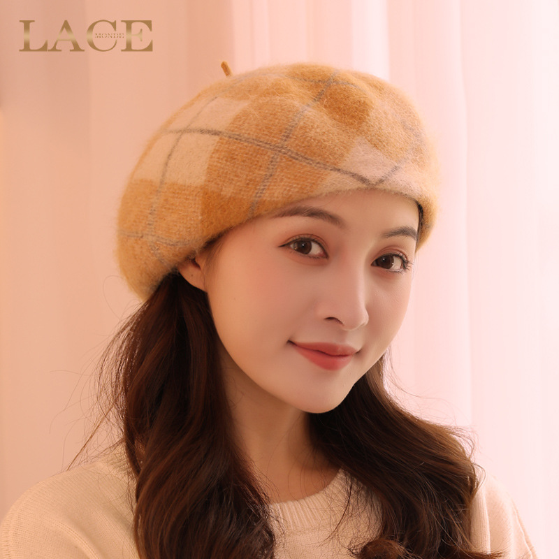 Mũ nồi beret nữ thu đông phong cách bí ngô phồng, giữ ấm tai, lông thỏ mềm mại — Màu đen