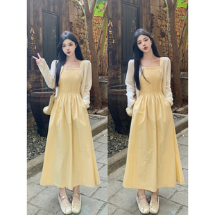 Fat Qiqi plus size 2025 New chubby girl French Pleated Design Yellow Sling dress Cardigan Two-Piece Set