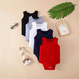 5件装 新款夏季婴幼可爱男宝宝纯色柔软无袖儿童三角背心哈衣