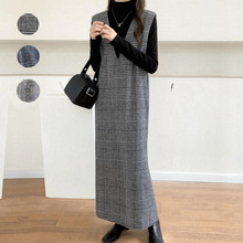 秋冬新款毛呢背心长裙气质V领显瘦无袖开叉格纹呢子连衣裙
