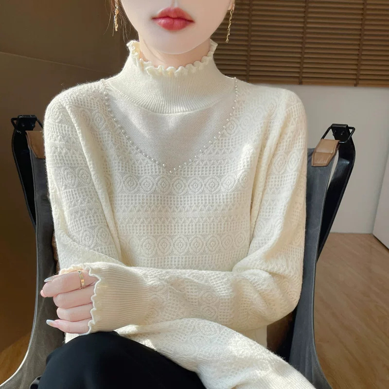 2026 Autumn/Winter New Fashionable Chanel-Style Thick Knit Sweater for Women with Ruffled Trim, Half-High Neck, Elegant and Youthful