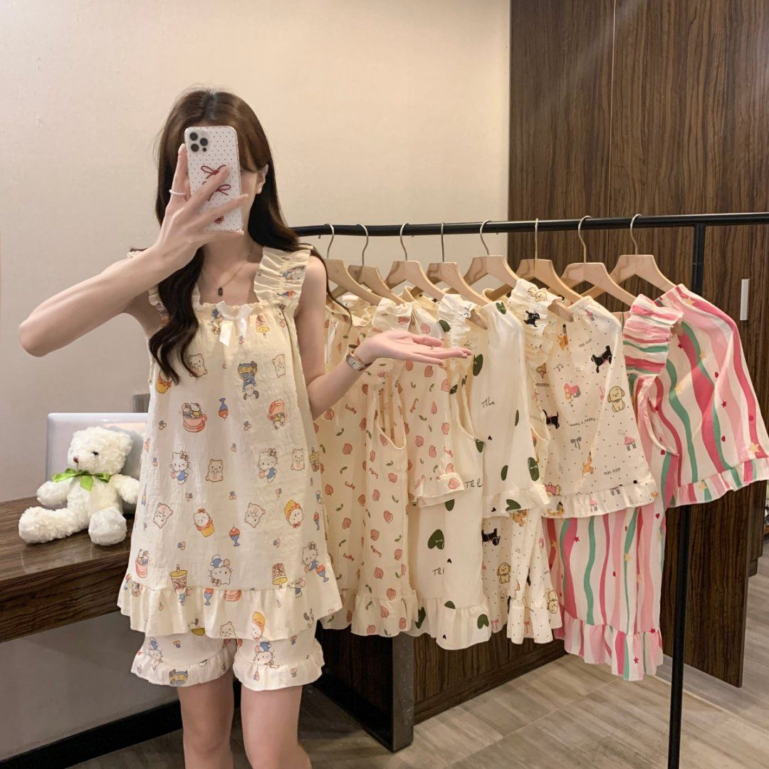 Pijama de algodón de nube para niña verano dulce princesa con cojín para el pecho con tirantes pantalones cortos de dos piezas para el hogar
