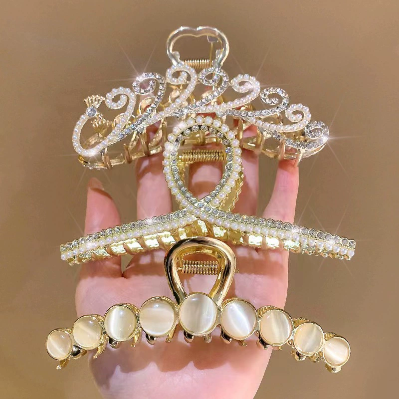 Metal crab hair clip, elegant rhinestone & pearl accents, large styles (multiple colors)