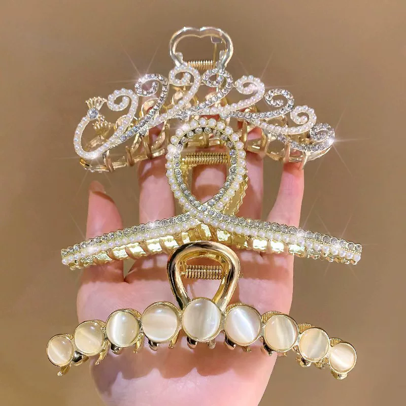 Metal crab hair clip, elegant rhinestone & pearl accents, large styles (multiple colors)