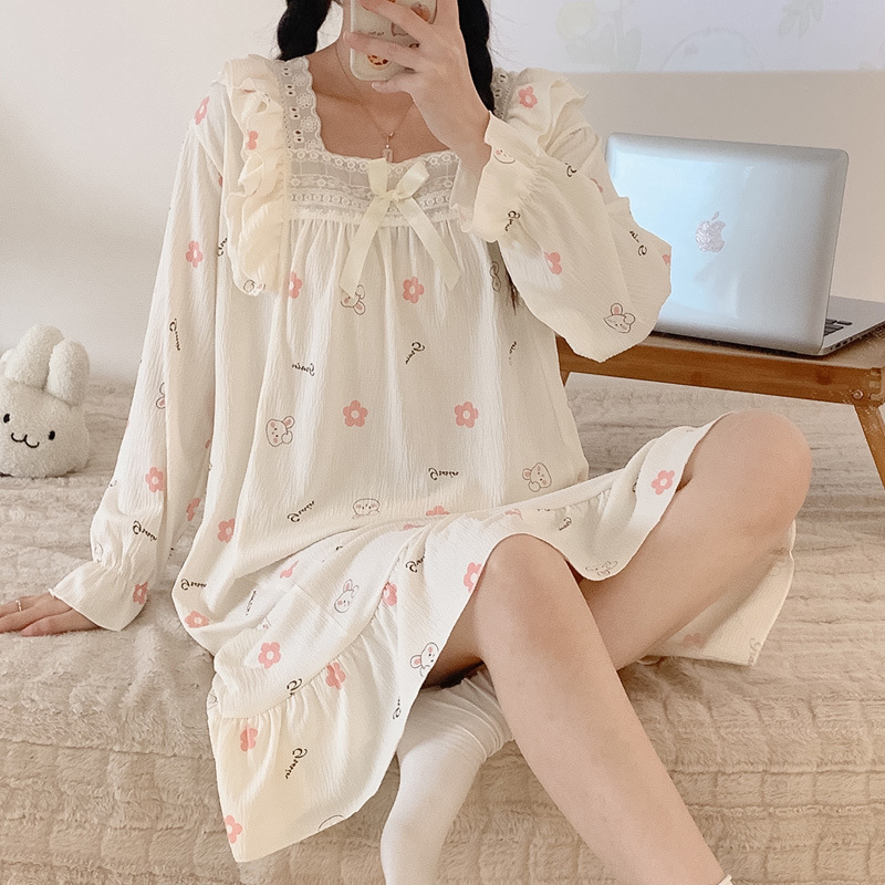 Pijamas de mujer de Primavera de algodón artificial crepé encaje camisón de manga larga ropa para el hogar de las mujeres vestido de una sola pieza de dibujos animados lindo Generación de cabello